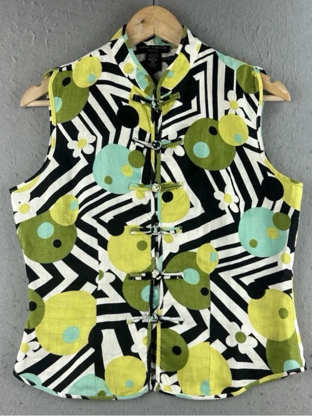 Anne Carson Women's Top Size PM 100% Linen Lime Green Black Tropical Island